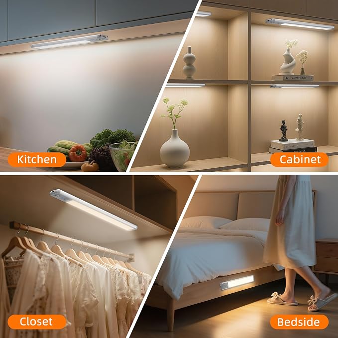Under Cabinet Lighting Wireless, 10inch Motion Sensor Light Indoor, 3Pack | Rechargeable, 3 Color Temps, Dimmable, Power Display, LED Closet Light Magnetic, Under Counter Lights for Kitchen Shelf Home