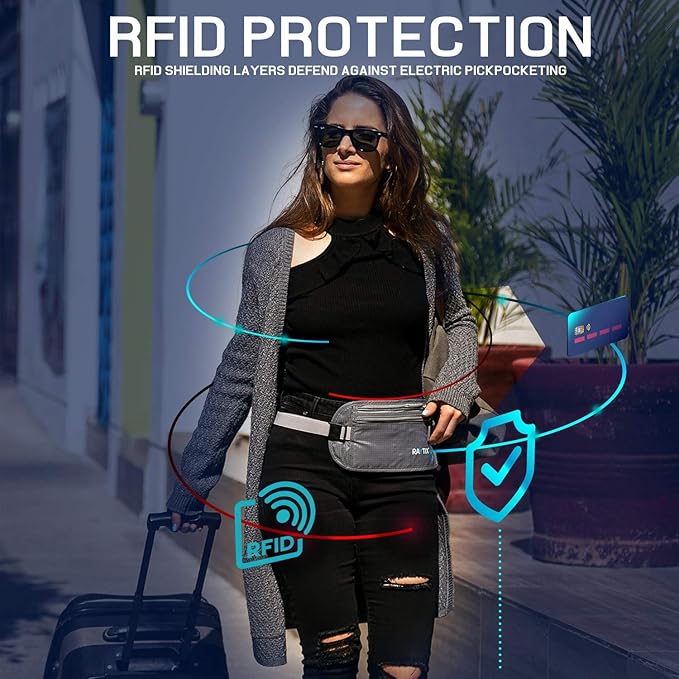 Money Belt For Travel – RFID Blocking Waist Pouch Passport Holder Wallet Belt – Waterproof Hidden Travel Fanny Pack For Men & Women – Secure, Lightweight, Adjustable Strap – Gray