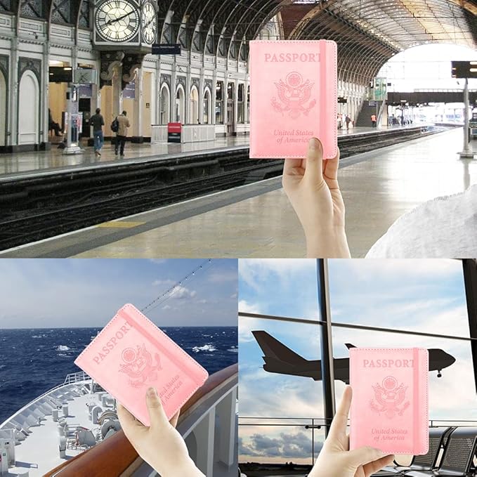 Passport Holder for Travel, Leather Passport Holder RFID Blocking Passport Cover Wallet Passport Case with Pen Holder Passport Holders for Travel Women Men Family Travels Must Haves Essentials, Pink