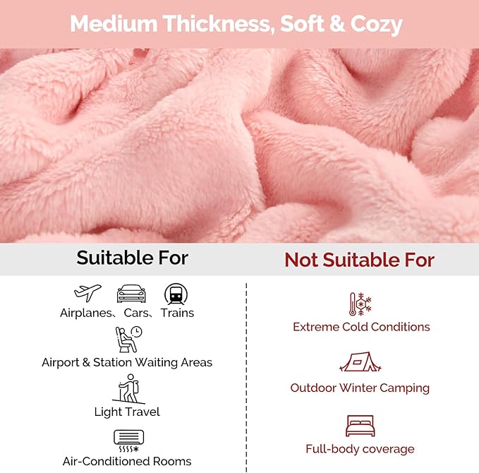 Pink Travel Blanket for Airplane, Soft Lightweight Flannel Blanket, Compact & Portable with Storage Bag, Luggage Strap & Clip, Cozy Travel Essential for Flights, Road Trips & More,40.7" x 64.1"