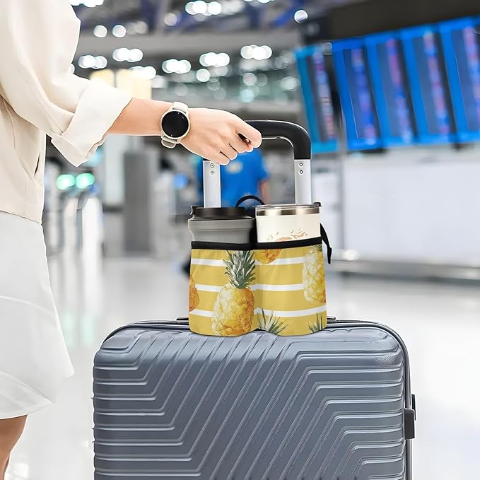 Summer Yellow Striped Pineapples Luggage Cup Holder Travel Portable Free Hand Drink Carrier Suitcase Drinks Beverage Holder Carry-On Bottle Mug Holder Organizer Bag Travelers Accessories
