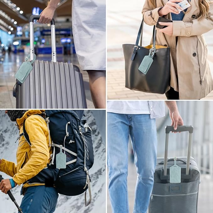 1 Pack Luggage Tag, PU Leather Suitcase Tags Identifiers Privacy Cover ID Label for Travel Bag Suitcase with 2 Pack Luggage Straps for Hats, Bags and Travel Accessories(L-Light Blue)