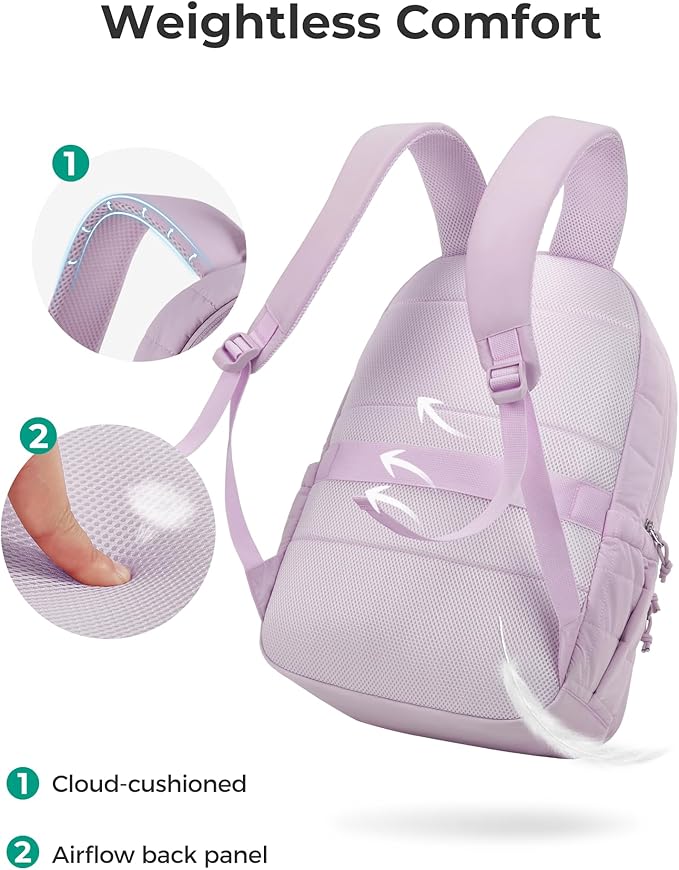 BAGSMART College Laptop Backpack, Travel Backpack for Women, Quilted Casual Daypack, Water-Resistant Bookbag for 15.6 Inch Laptop, Lavender