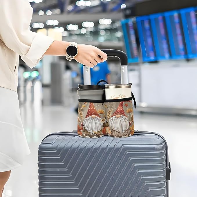 Pumpkin Gnomes Maple Leaf Luggage Cup Holder Travel Portable Free Hand Drink Carrier Suitcase Drinks Beverage Holder Carry-On Bottle Mug Holder Organizer Bag Travelers Accessories