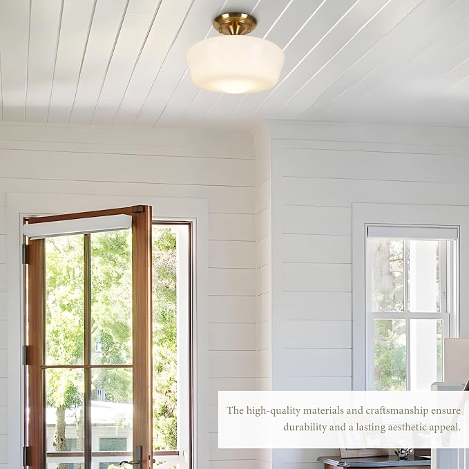 Schoolhouse Style Semi Flush Mount Ceiling Light with Dimmable Bulb Remote Control, 12" Modern Gold Hallway Ceiling Lamp with Opal Milk Glass Shade, Farmhouse Globe Light for Bedroom Kitchen Laundry
