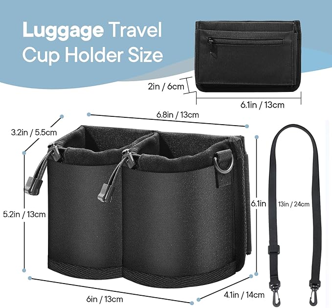 Extra Luggage Cup Holder Free Hand Drink Caddy for Suitcases to Travel and Business Trip,Travel Must Haves Men Women,Holds Two Coffee Cups,Passport,Flight Attendant Essential Organizer-Black