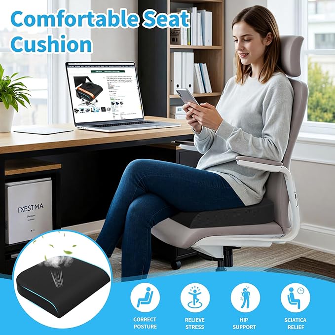 Large Seat Cushion,Soft Foam Cushion for Long Sitting Hours on Office Chair, Home & Car, Non-Slip Chair Pad for Relieving Back & Sciatica & Hip & Coccyx Pain (Black)