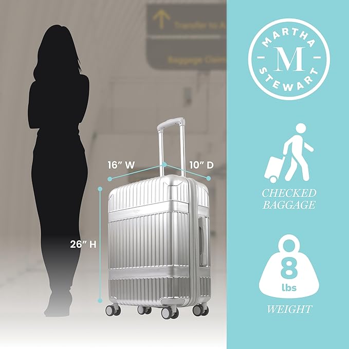 Martha Stewart The Bedford 26 Inch Rolling Luggage, Hardshell Suitcase with Spinner Wheels, Silver