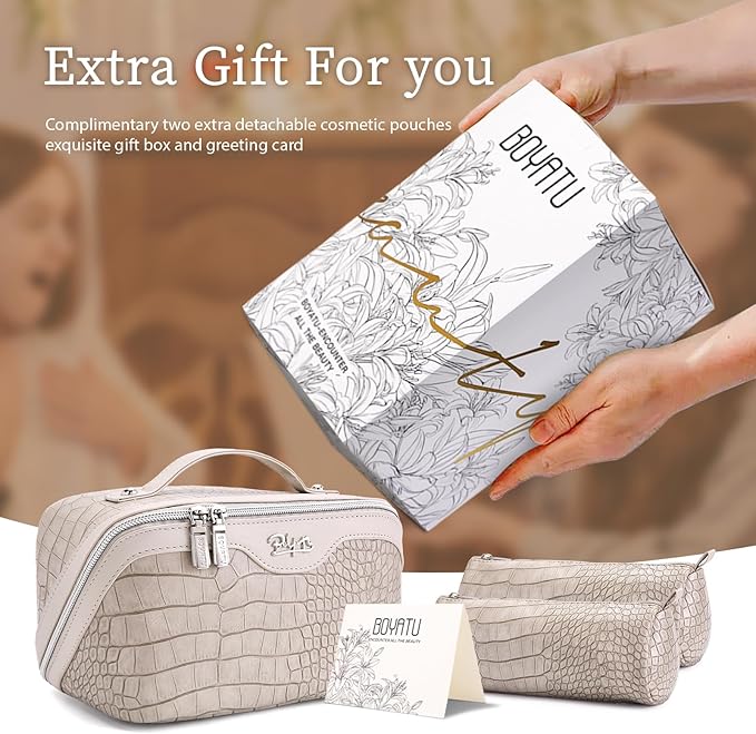 BOYATU Travel Makeup Bag Cosmetic Bags for Women: 3 Pcs Set Large Capacity Make up Bag with Handle - Crocodile Pattern Vegan Leather Toiletry Bags Travel Essentials with Compartments(E-5-Apricot)