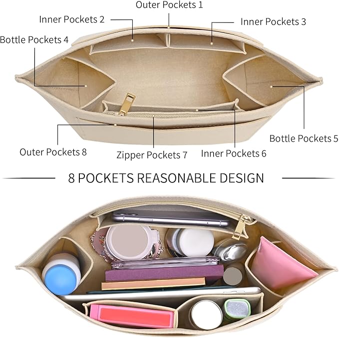 LOUKAYCCI Purse Organizer Insert for Longchamp Le Pliage L Handbag Insert Felt Long Champ Tote Bag Organizer Insert with Cup (Beige, Large)