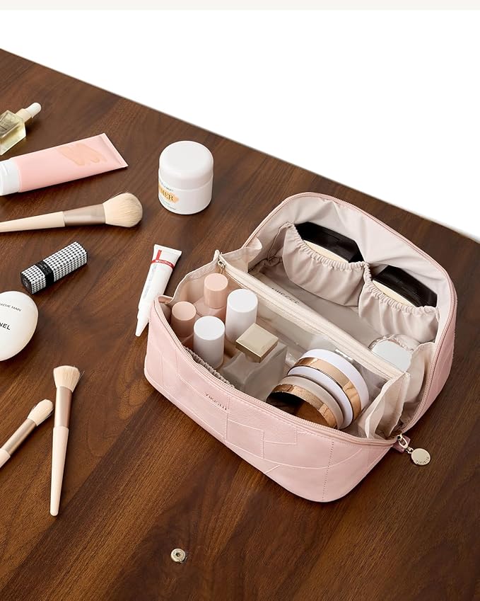 Makeup Bag, Cosmetic Bags toiletry bag for Women, Waterproof PU Leather Make Up Pouch Organizer Travel Essentials Organizer with Divider For (Pink)