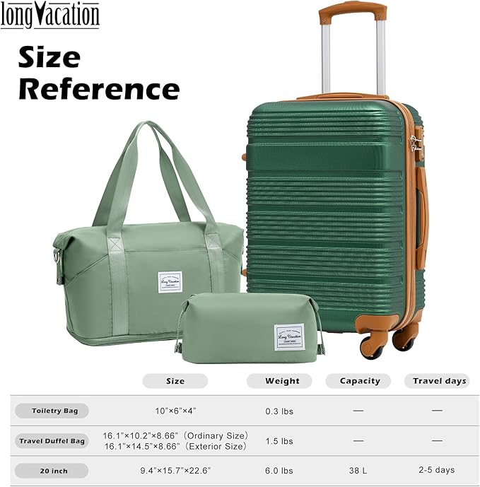 LONG VACATION 3 Piece Carry On Luggage 20 Inch Suitcase with Spinner Wheels, ABS+PC Hardshell Suitcase set with TSA Lock & YKK Zipper
