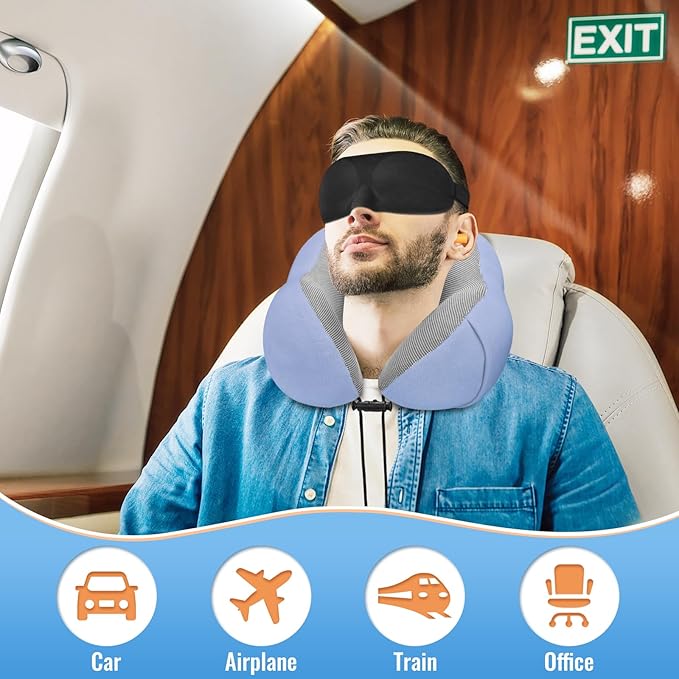 CloudBliss Travel Pillow Premium Memory Foam, Comfortable & Supportive Neck Pillow, Sleeping Neck Pillows for Travel, Airplane Pillow for Sleeping Airplane, Car, Office and Home(Blue)