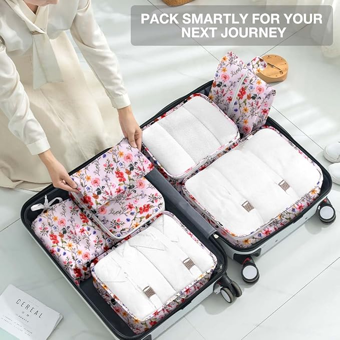 8 Set Packing Cubes for Suitcases, Packing Cube with Shoe, Cosmetics, Clothing, and Accessories Bags for Travel Luggage Organizer Women Men(Retro Flowers)