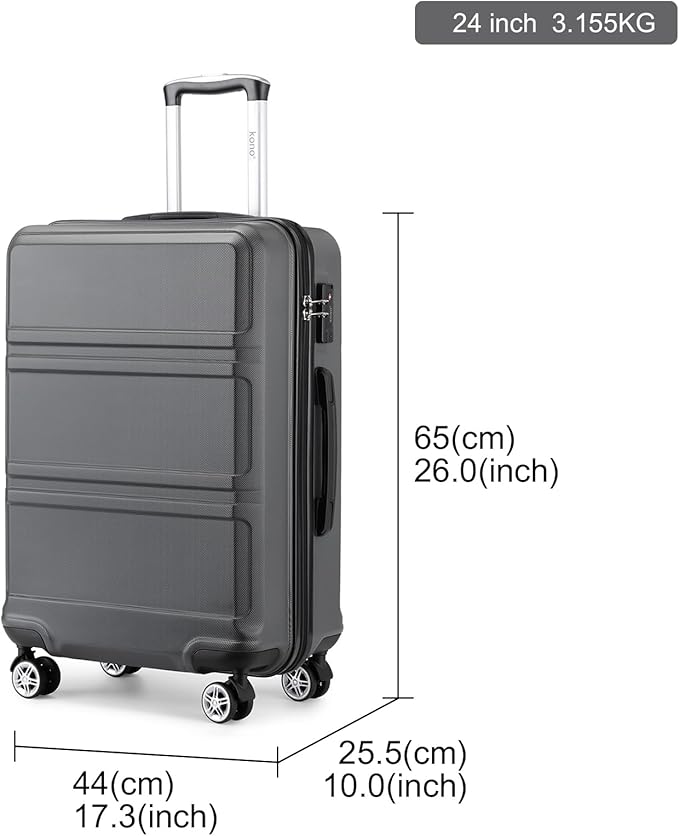 Kono 24 Inch Luggage Suitcase with Spinner Wheels TSA Lock Lightweight PC+ABS Hardside Medium Checked Luggage Durable Rolling Suitcase Grey