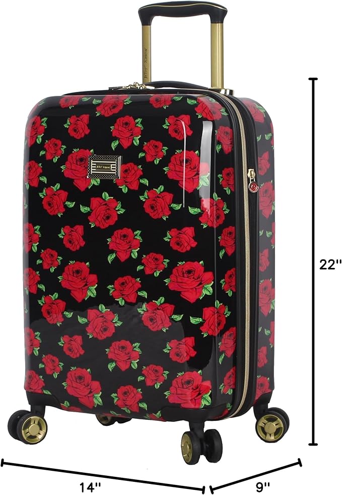 Betsey Johnson Designer 20 Inch Carry On - Expandable (ABS + PC) Hardside Luggage - Lightweight Durable Suitcase With 8-Rolling Spinner Wheels for Women (Covered Roses)