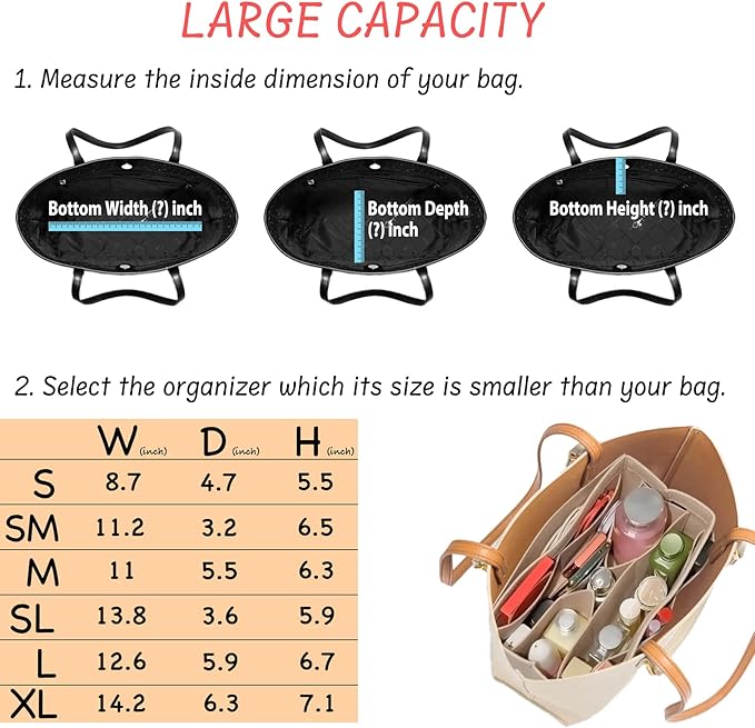 DailyPlus Purse Organizer Insert - Felt Bag Organizer for Tote Purse Bag with 14 Pockets - Beige Medium