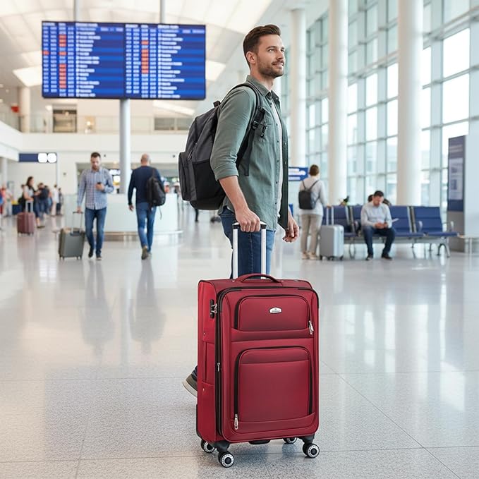 26" Luggage Softside Expandable 15% Checked Luggage with Double Spinner Wheels Combination LOCK,Lightweight Travel Suitcase for Men/Women(Red,26in)