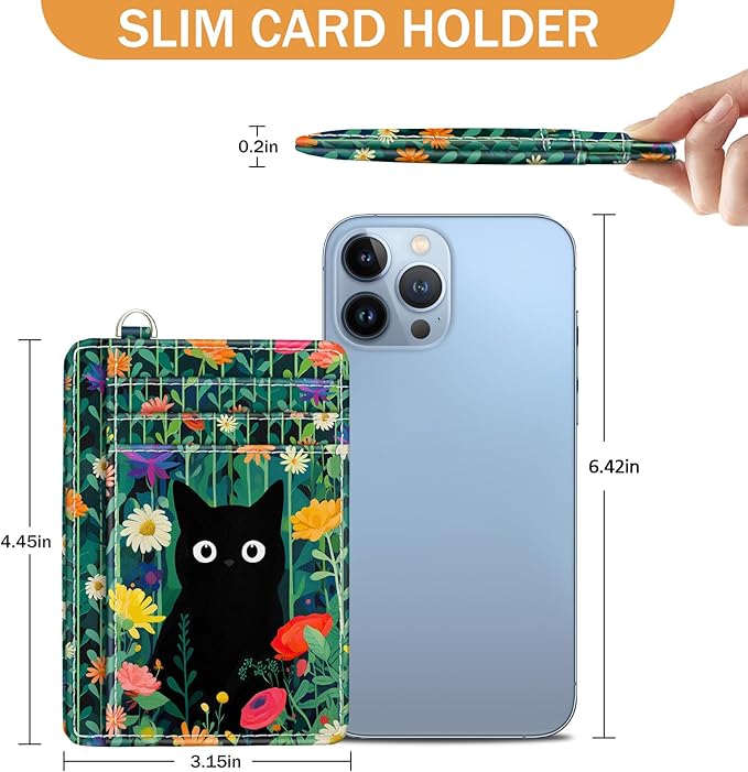 Yonlevres Black Cat Credit Card Holder Slim Wallet, Floral RFID Wallet Women Front Pocket Small Card Holder, Travel Funny Cute Thin Card Case ID Window PU Leather RFID Blocking Card Organizer Girls