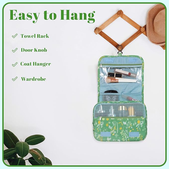 Pengxiaomei Hanging Toiletry Bag, Green Floral Waterproof Cosmetic Bag Portable Makeup Pouch Wash Bag with Handle for Kids Teen Girls Tea Party Spring Party Mothers Day Gifts