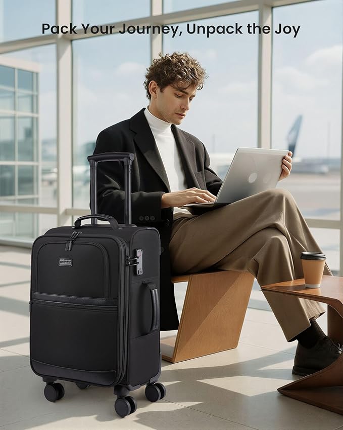 LOVEVOOK Carry On Luggage 22x14x9 Airline Approved,20 Inch Suitcases with Spinner Wheels,Softside Carry-on Suitcase with TSA Lock for Men Women Business Trip Weekender Travel,Green&Brown