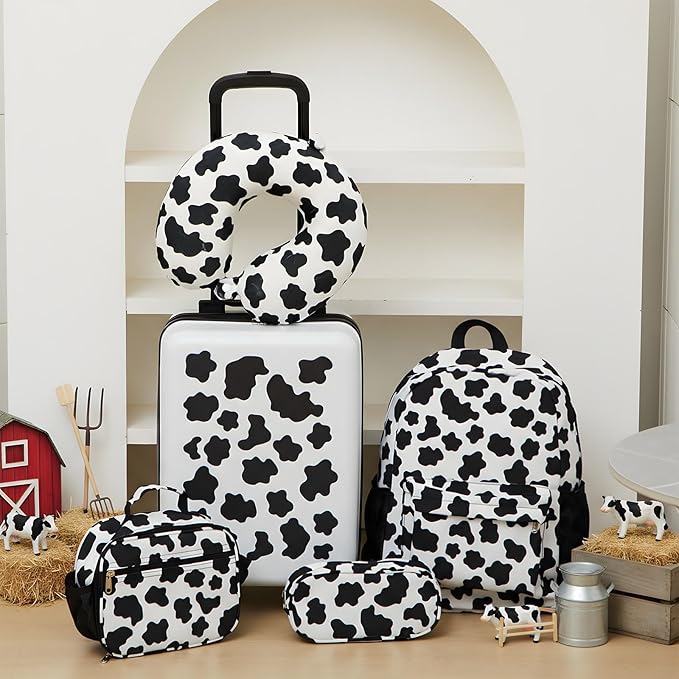 Redbaker 17 Inch 6 Pcs Kids Luggage Set Kids Rolling Luggage Double Pattern Suitcase for Boys Girls (Black and White, Cow Style)