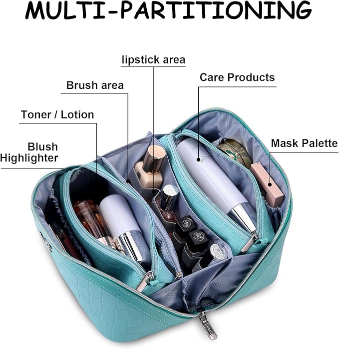 BOYATU Checkered Travel Makeup Bags: Vacation-Ready Light Blue Large Capacity Cosmetic Bag for Women - 3 Pcs Set Toiletry Organizer with Waterproof Leather - Easy to Clean Beach Trip Essential