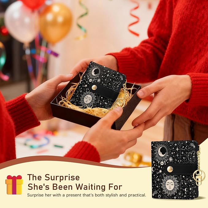 Jogjam Sun and Moon Rfid Women Wallet, Small Slim Thin Credit Card Wallet, PU Leather Bifold Cash Zipper Coin Pocket ID Window for Female Ladies Teen Girls Girly