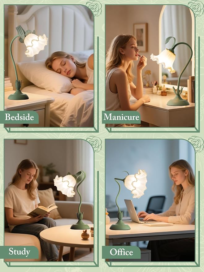 Flower Table Lamp, LED Reading Light Vintage Night light (Green Pearls) | 3 Colors Modes Kawaii Bedside Lamps Decor,Living Room Bedroom Room Lighting Table Lamps Home Decoration