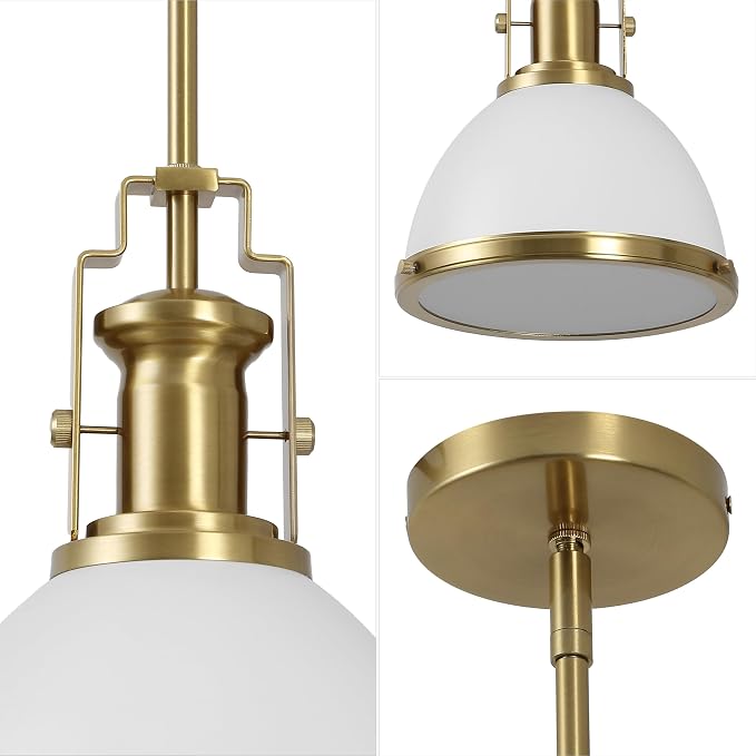 JONATHAN Y Homer Industrial Dome Pendant 10", White/Brass Gold | 1-Light, Farmhouse Style, Adjustable Hanging Height, Glass Diffuser, Sloped Ceiling Compatible, Metal, LED Bulb Included
