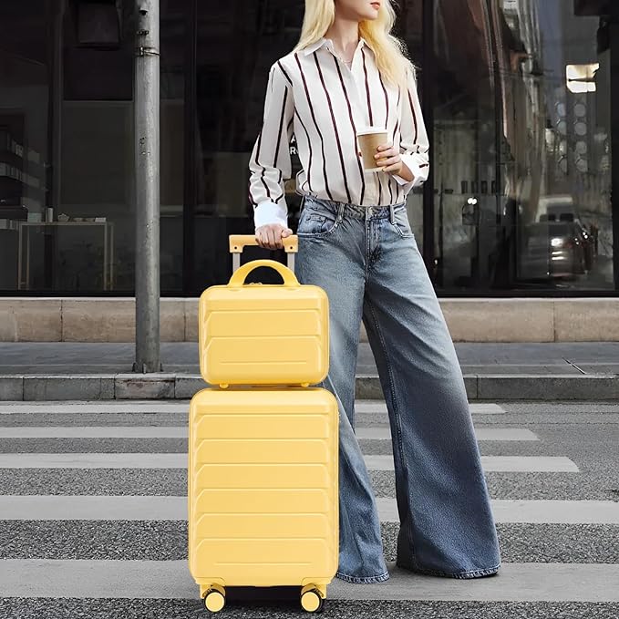 2-Piece ABS Hard Shell Lightweight Carry-On Luggage Set (14" & 20"), 360-Degree Spinner Wheels, Adjustable Telescopic Handle and Combination Lock for Travel, Yellow