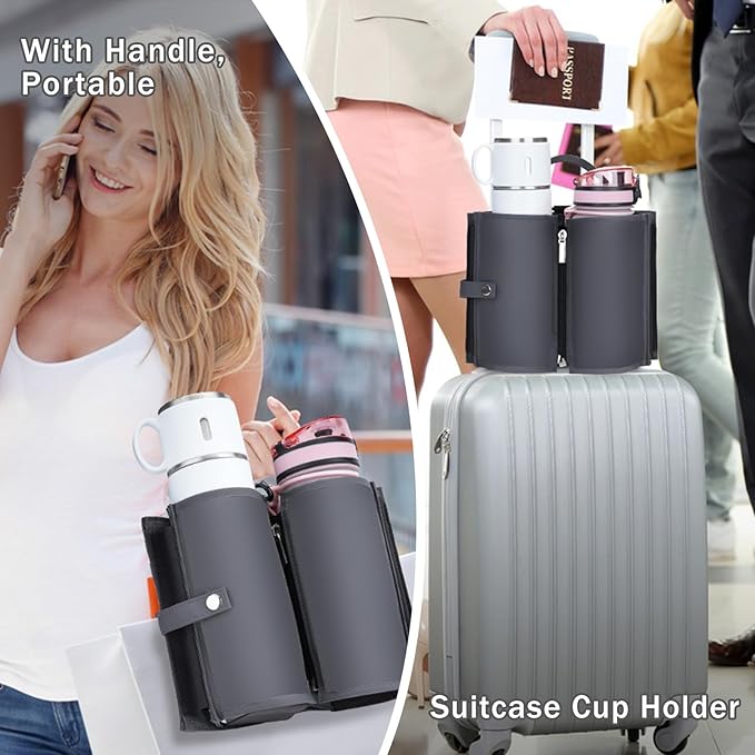 Travel Cup Holder for Suitcase, Portable Foldable Luggage Cup Holder, Free Hand Drink Caddy, Creative Travel Accessories, Gift for Travelers (Dark Gray)