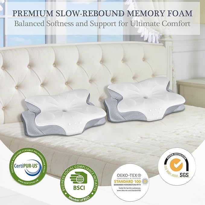 CCidea Cervical Neck Pillows for Sleeping & Pain Relief-Ergonomic Contour Memory Foam for Side/Back/Stomach Sleepers, 2 Heights with ICY Cooling Grey Silk Pillowcase - Gifts for Men & Women