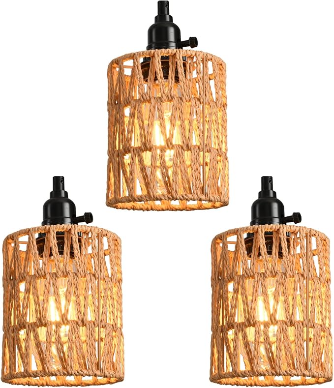 3-Light Hanging Light with Plug in Cord,Plug in Pendant Light 22ft Hemp Rope Pendant Lighting Vintage 3-Light Hanging Lamp Fixtures for Kitchen Island Living Room Bedroom