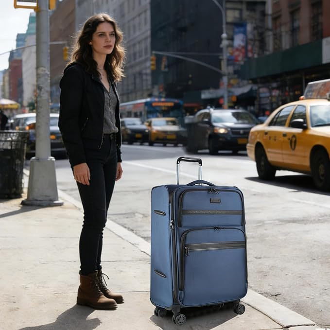 KROSER Softside Expandable checked Luggage with Front Business Pockets,24 Inch Suitcases with Spinner Wheels & Built-in TSA Lock, Durable Suitcase Rolling Luggage, Haze Blue