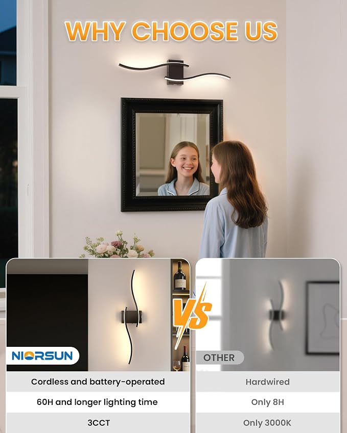 27.6 Inch Battery Operated Wall Sconce Set of 2, Black Modern Rechargeable Wall Lights with Remote, 3CCT Dimmable Wireless Wall Lamp for Living Room Bedroom Hallway