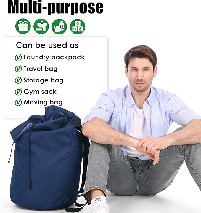 Backpack Laundry Bag, 115L Heavy Duty Extra Large College Laundry Backpack, Dirty Clothes Bag with Shoulder Straps, Laundry Hamper Bag with Drawstring Closure for College Dorm, Apartment Dark blue