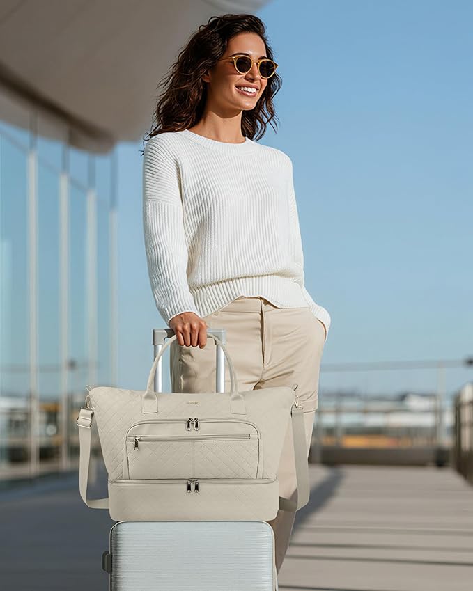 HOTOR Travel Duffle Bag for Women - Carry on Bag with Toiletry Pouch & Shoe Compartment, Large Overnight Weekender Bags for Gym, Business Trips, Sports and Hospital, Beige, 17.3" x 7.9" x 13.4"