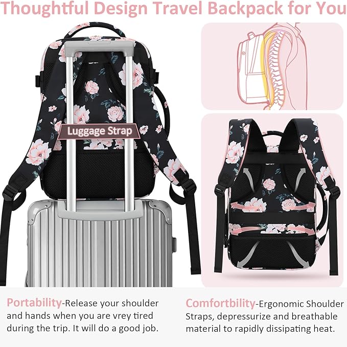 Carry on Backpack for Women TSA Approved 15.6 Inch Travel Laptop Backpack for Women Travel Essentials Foldable Womens Travel Backpack Suitcase Pink Floral
