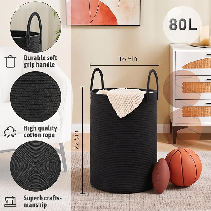 Laundry Basket,Woven Cotton Rope Laundry Hamper,80L for Decorative Storage of Dirty Clothes,Toys and Blankets in Bathroom,Baby Room and Living Room