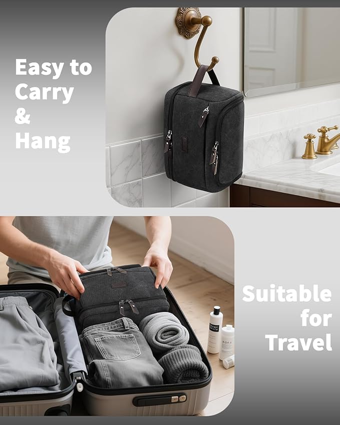 ZOMFELT Toiletry Bag for Men, Dual Layers Canvas Travel Toiletries Bag, Water-Resistant Travel Organizer with Elastic, Large Capacity Dopp Kit, Hanging Shaving Hygiene Bag, Black, L