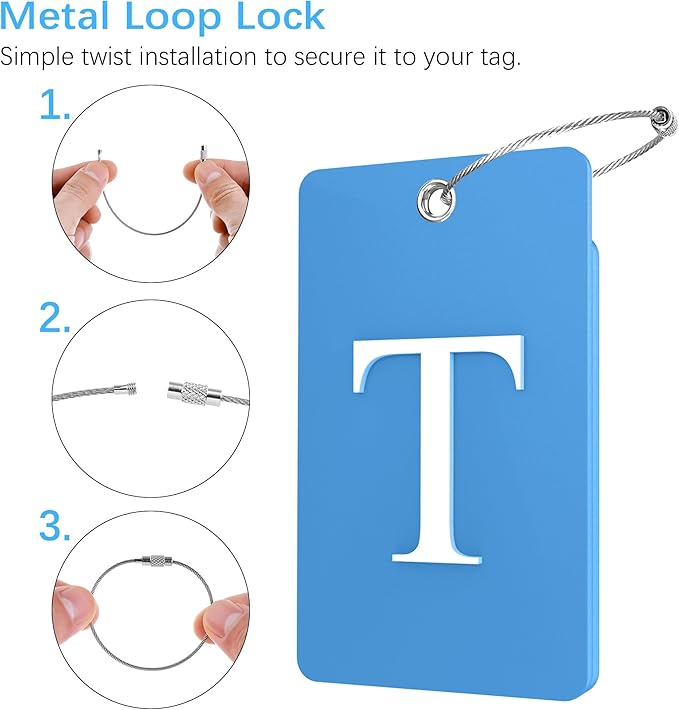 Gostwo 2 Pack Luggage Tags for Suitcases, 26 Initial Letter Travel Luggage Baggage Identification Labels ID Tag Fully Bendable Tags with Stainless Steel Loop (Blue) (Letter T)