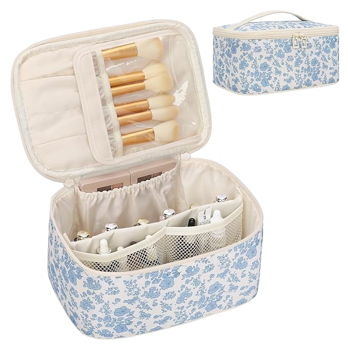 OCHEAL Makeup Bag Portable Cosmetic Bag For Women, Large Capacity Travel Makeup Case Organizer, Toiletry Bag for Girls Traveling With Handle and Divider-Flowers