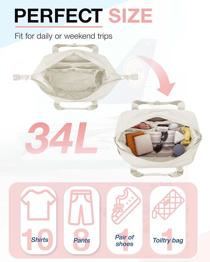 BAGSMART BAGSMART Gym Bag for Women, Carry on Weekender Overnight Bag, Travel Duffel Bags with Trolley Sleeve, Personal Item Travel Bag Tote Bag Workout Dance Bag(Light Beige-Large)
