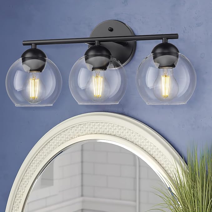 Emak 3-Light Vanity Lights for Bathroom, Black Light Fixtures Over Mirror, Globe Vanity Light with Clear Glass Shade, VL114-BKL-3