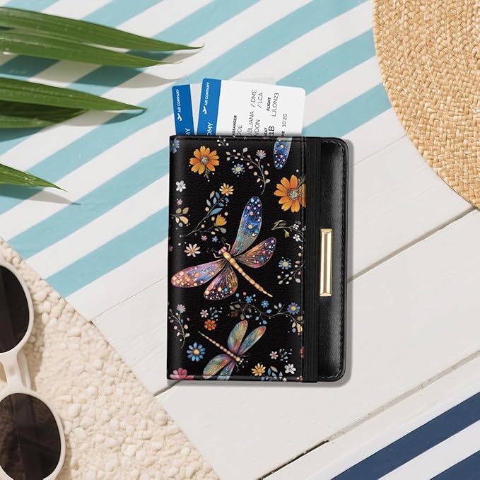 Passport Holder Cover Travel RFID Blocking Passport Cover Cute Flowers Passport Wallet with Elastic Band for Women, Dragonflies