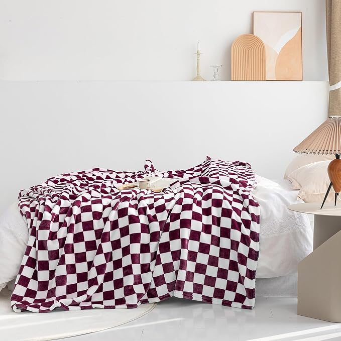 LOMAO Throw Blankets Flannel Blanket with Checkerboard Grid Pattern Soft Throw Blanket for Couch, Bed, Sofa Luxurious Warm and Cozy for All Seasons (Burgundy, 40"x60")