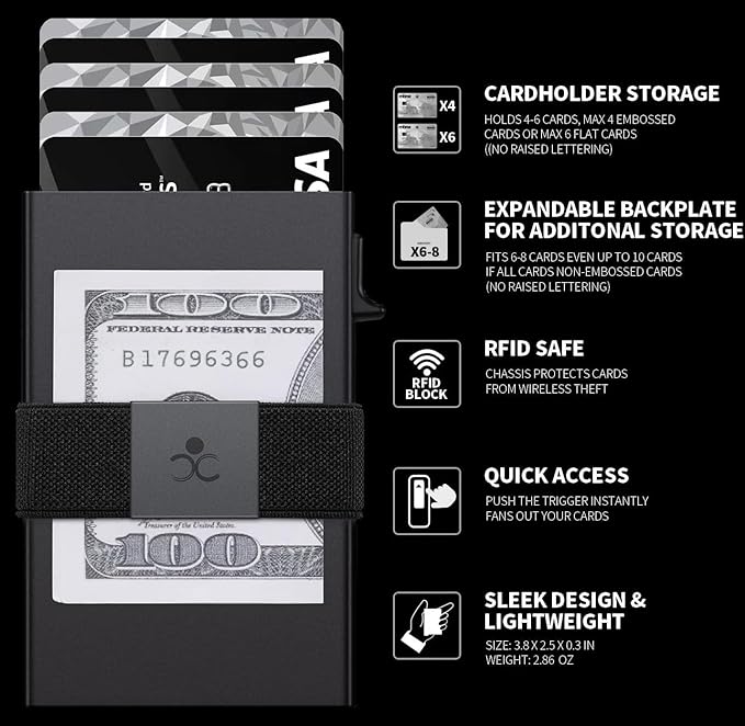SEMORID Slim Wallet for Men, RFID Blocking Mens Wallets, Minimalist Pop Up Men's Credit Card Holder, Sturdy Metal Card Case with Cash Strap - 12+ Cards Capacity