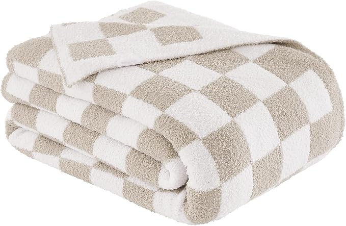 Checkered Throw Blanket, Taupe Soft Cozy Fluffy Knitted Throw Blankets for Couch, Sofa, Bed, Chair, Warm Fuzzy Travel Picnic Lightweight Plaid Blanket, 50x70 inches