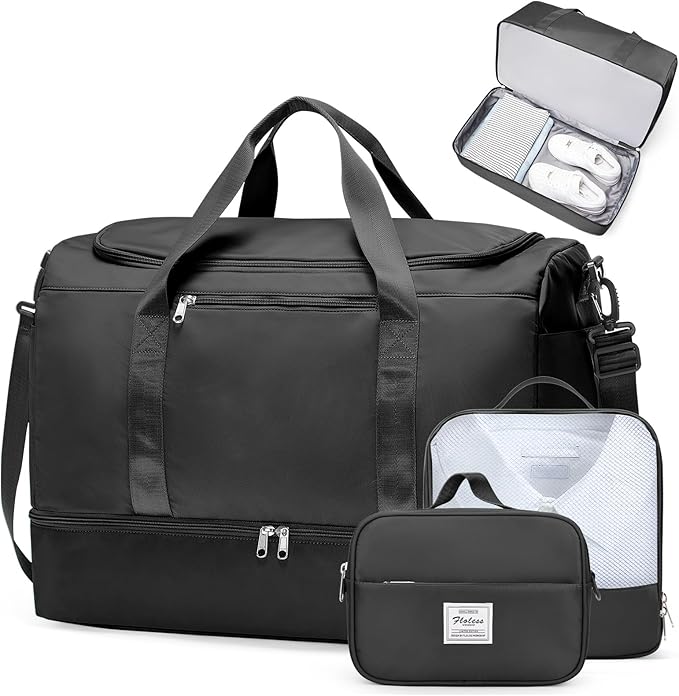 Large Travel Duffle Bag,Carry on Overnight Weekend Bag with Shoes Compartment,Weekender Bags for Women for Travel Business Trips Sport Hospital,3 Pcs Set,Black